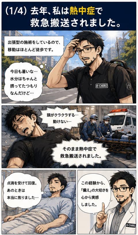 去年、熱中症で救急搬送されました。出張型の施術で移動はほとんど徒歩。水分は摂っていたつもりだった