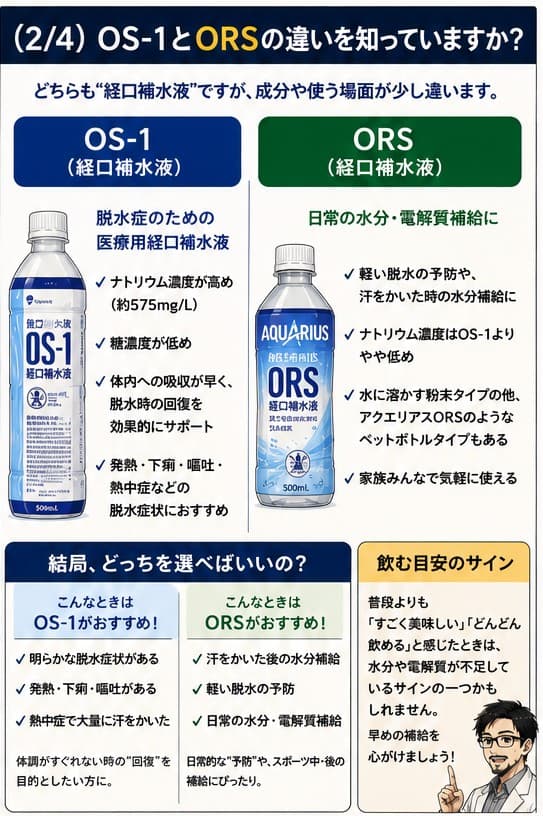 OS-1とORSの違い。OS-1は脱水症のための医療用経口補水液、ORSは日常の水分・電解質補給に