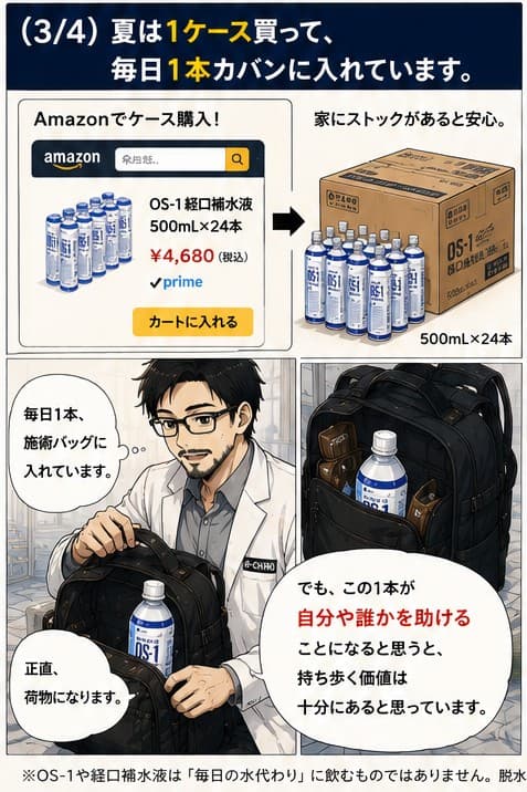 夏は1ケース買って毎日1本カバンに入れています。この1本が自分や誰かを助けることになる